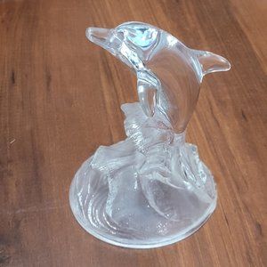 VTG Clear Glass Dolphin on a Wave Figurine Fish Sculpture